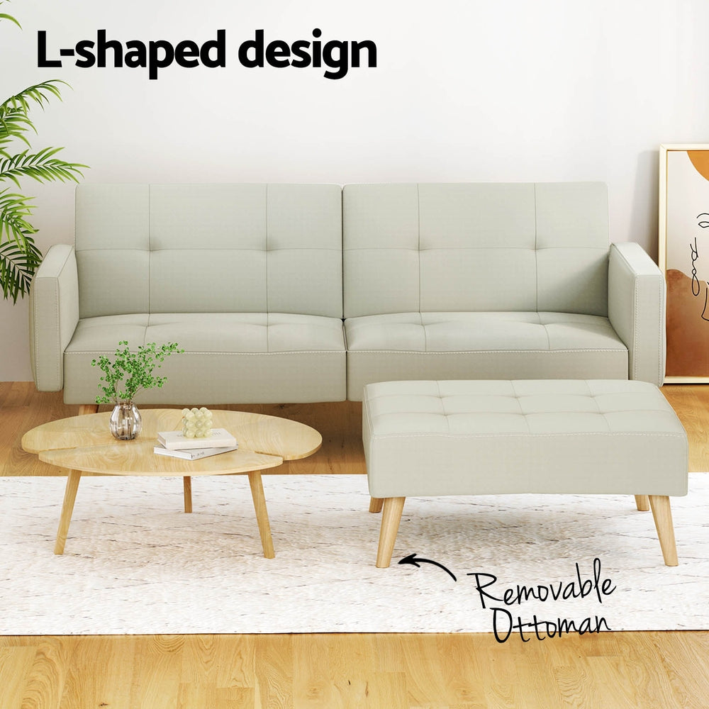 Artiss Sofa Bed Lounge Convertible Ottoman Couch Recliner 3 Seater Fabric Beige - Furniture > Sofas > Sofas & Sofa Beds