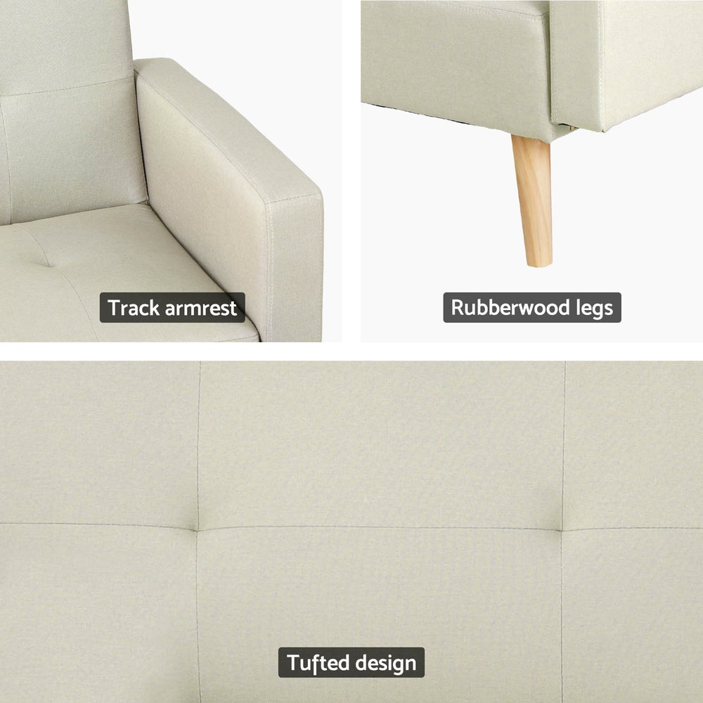 Artiss Sofa Bed Lounge Convertible Ottoman Couch Recliner 3 Seater Fabric Beige - Furniture > Sofas > Sofas & Sofa Beds