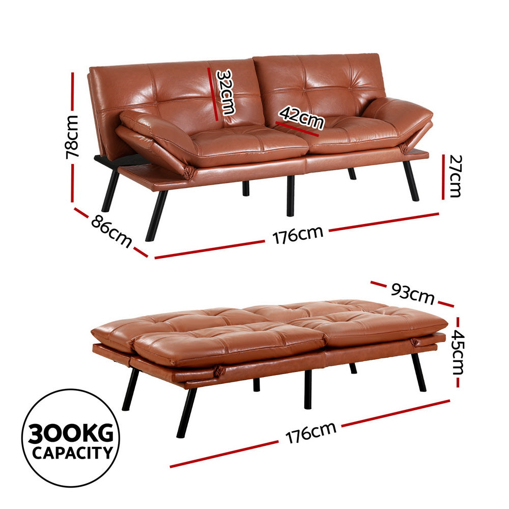 Artiss Sofa Bed Convertible 3 Seater Couch Recliner Lounge Chair Leather Brown - Furniture > Sofas > Sofas & Sofa Beds