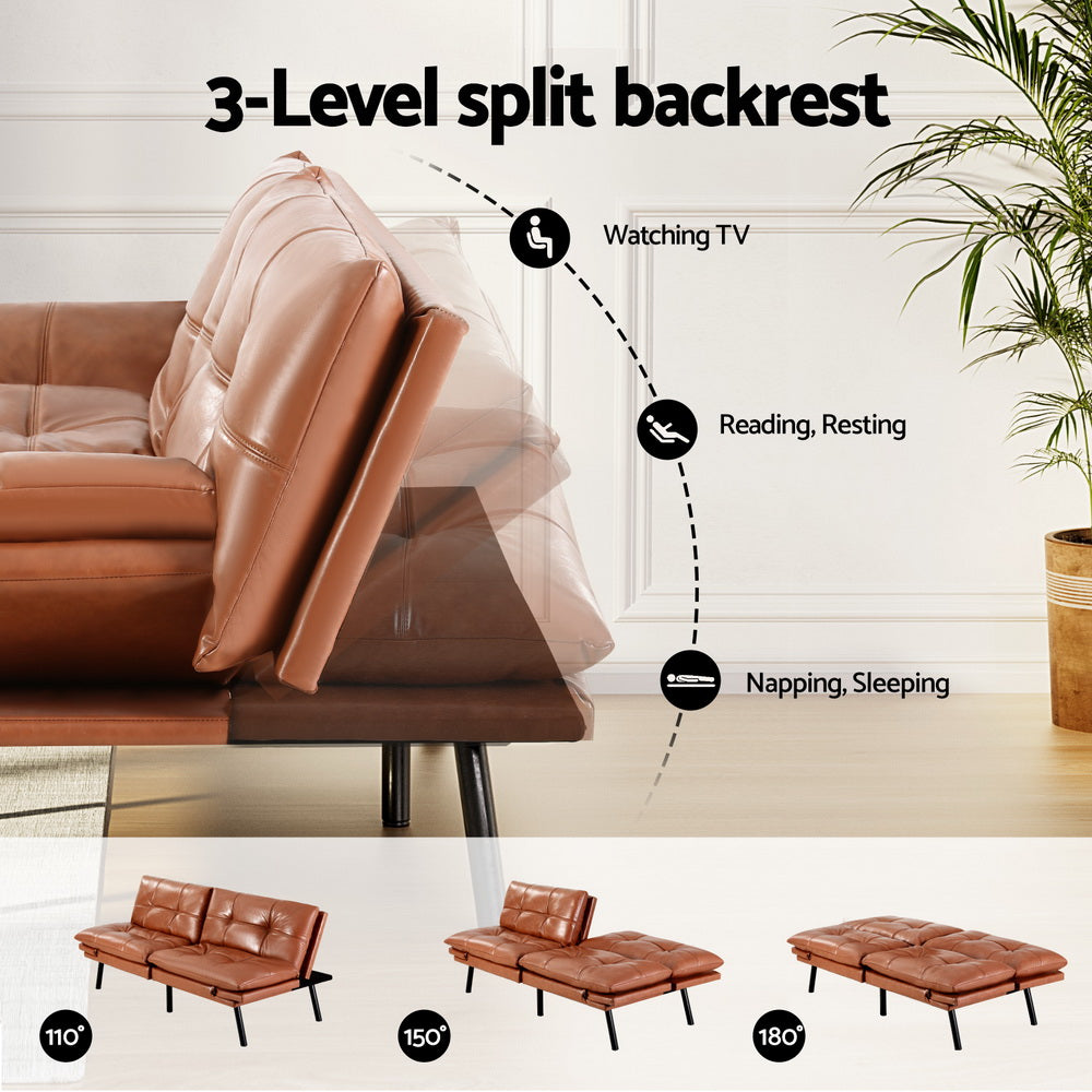 Artiss Sofa Bed Convertible 3 Seater Couch Recliner Lounge Chair Leather Brown - Furniture > Sofas > Sofas & Sofa Beds
