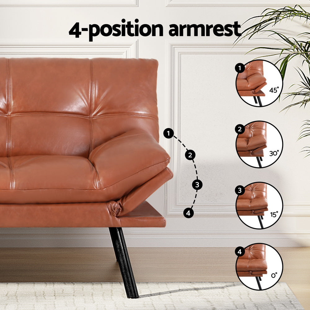 Artiss Sofa Bed Convertible 3 Seater Couch Recliner Lounge Chair Leather Brown - Furniture > Sofas > Sofas & Sofa Beds
