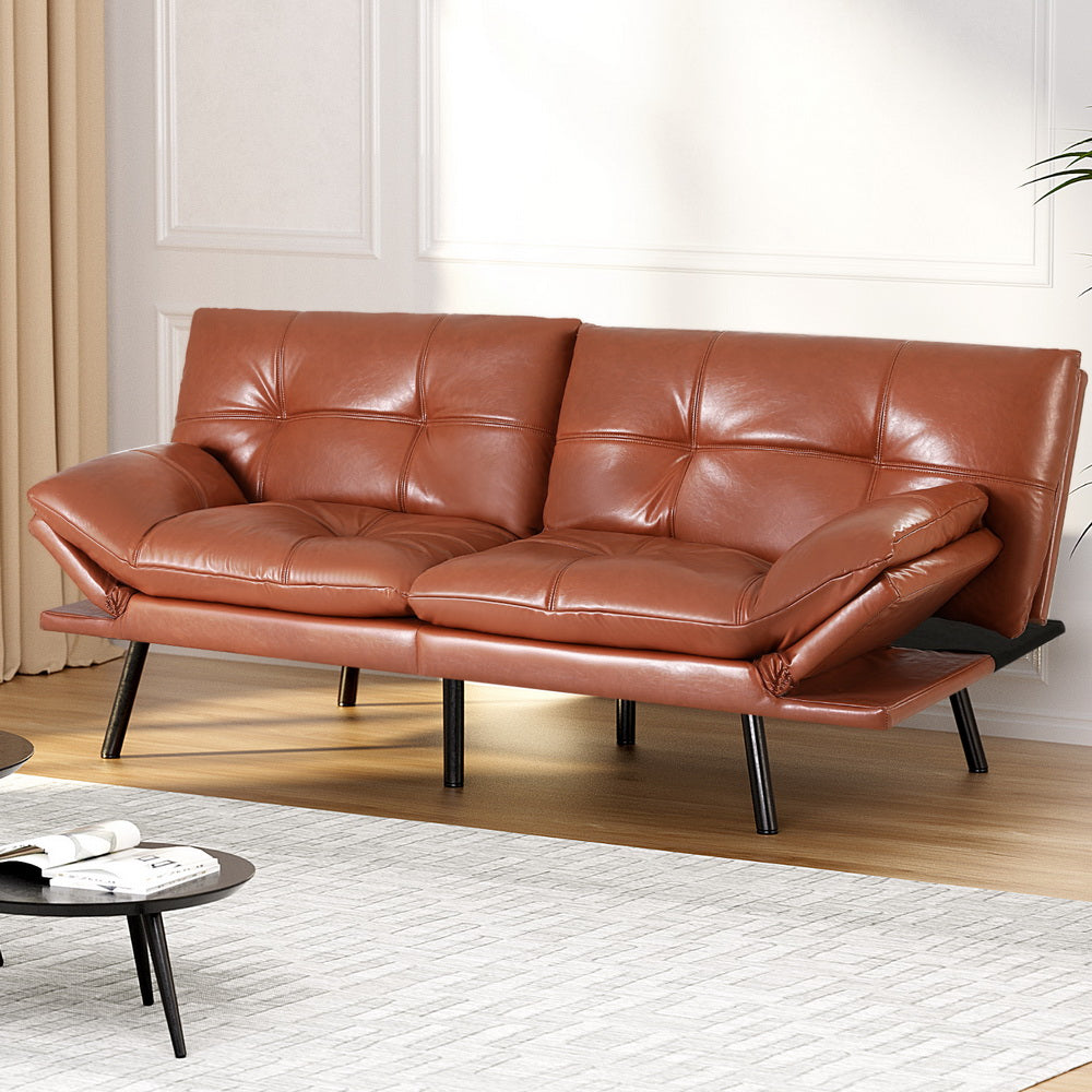 Artiss Sofa Bed Convertible 3 Seater Couch Recliner Lounge Chair Leather Brown - Furniture > Sofas > Sofas & Sofa Beds
