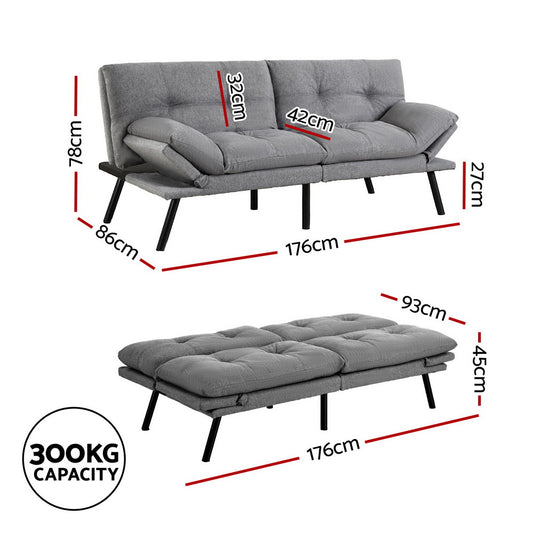 Artiss Sofa Bed Convertible 3 Seater Couch Recliner Lounge Chair Fabric Grey Furniture > Sofas > Sofas & Sofa Beds