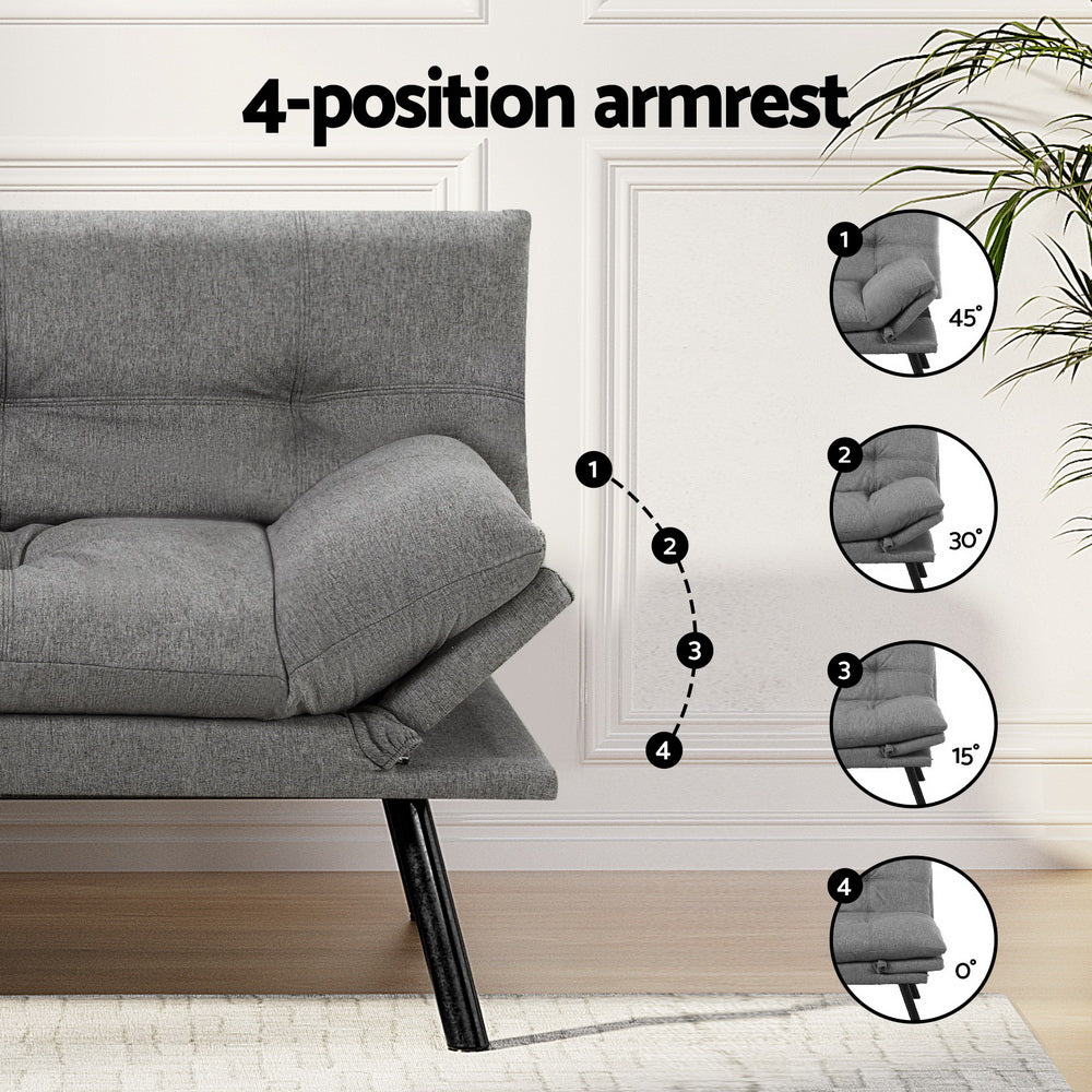 Artiss Sofa Bed Convertible 3 Seater Couch Recliner Lounge Chair Fabric Grey - Furniture > Sofas > Sofas & Sofa Beds