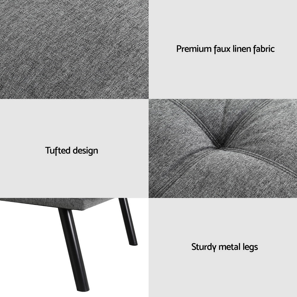 Artiss Sofa Bed Convertible 3 Seater Couch Recliner Lounge Chair Fabric Grey - Furniture > Sofas > Sofas & Sofa Beds