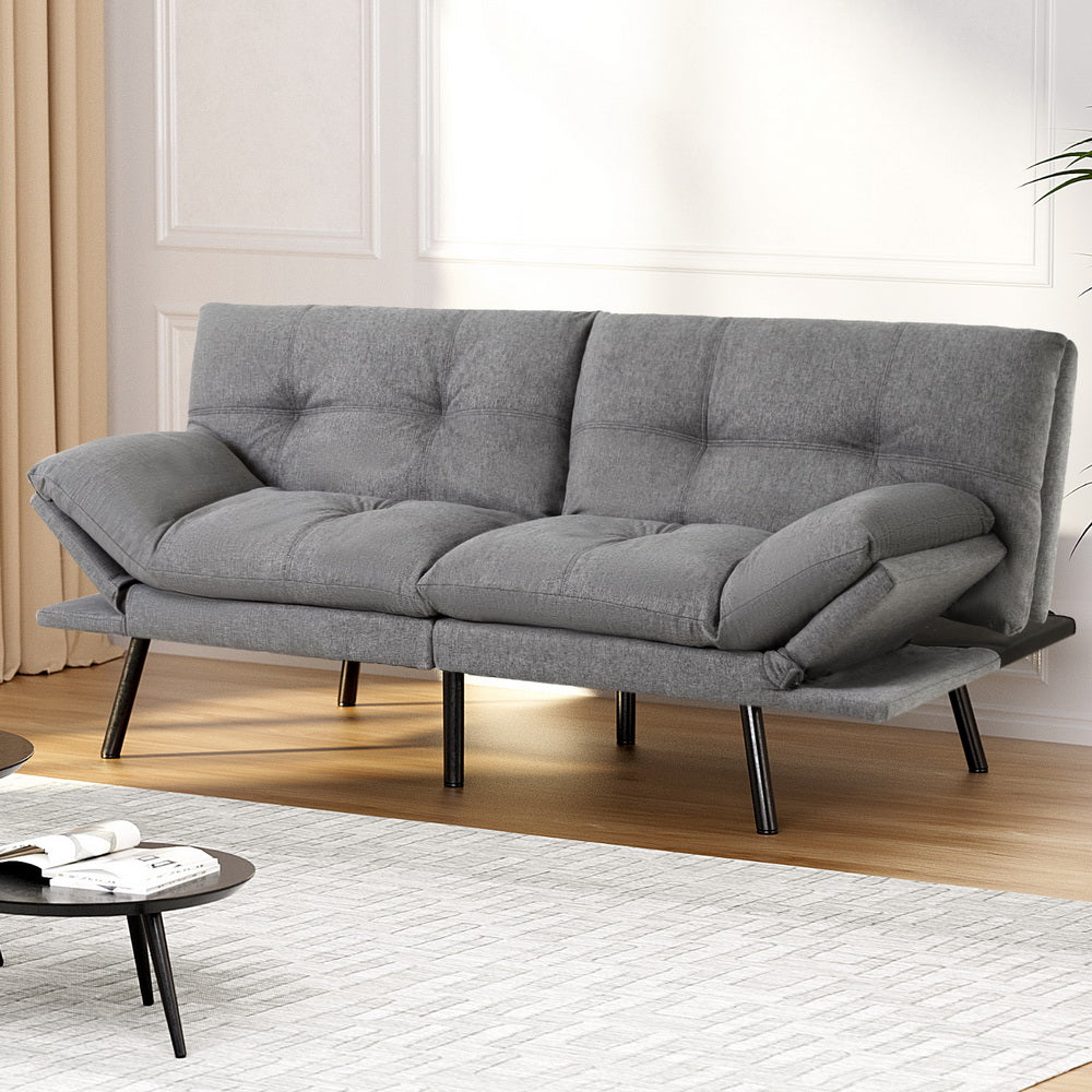 Artiss Sofa Bed Convertible 3 Seater Couch Recliner Lounge Chair Fabric Grey - Furniture > Sofas > Sofas & Sofa Beds