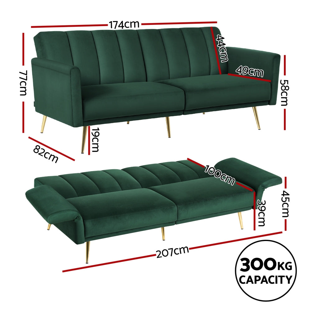 Artiss Sofa Bed 3 Seater Couch Convertible Lounge Adjustable Arm Recliner Velvet - Furniture > Sofas > Sofas & Sofa Beds