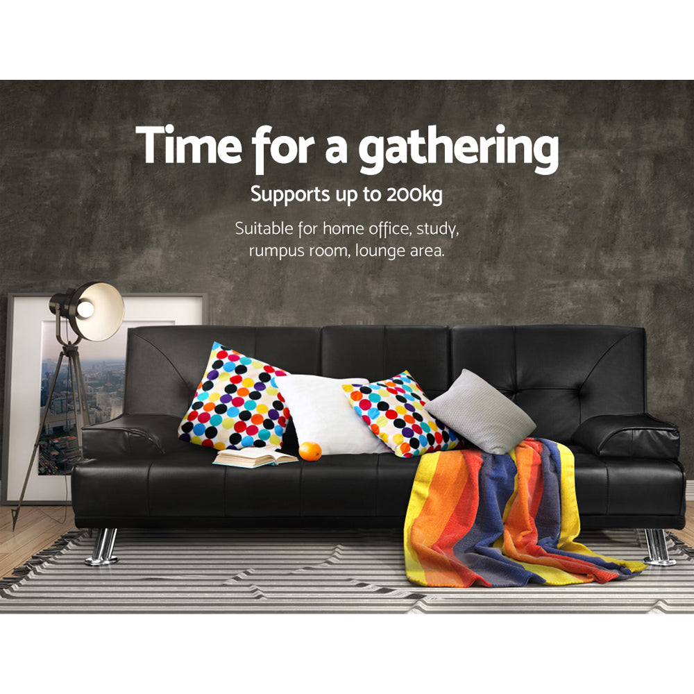 Artiss Sofa Bed Lounge Convertible Leather Couch Bed 3 Seater Cupholder Recliner Furniture > Sofas > Sofas & Sofa Beds