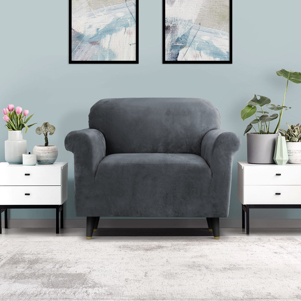 Artiss Sofa Cover Couch Covers 1 Seater Velvet Grey Furniture > Sofas