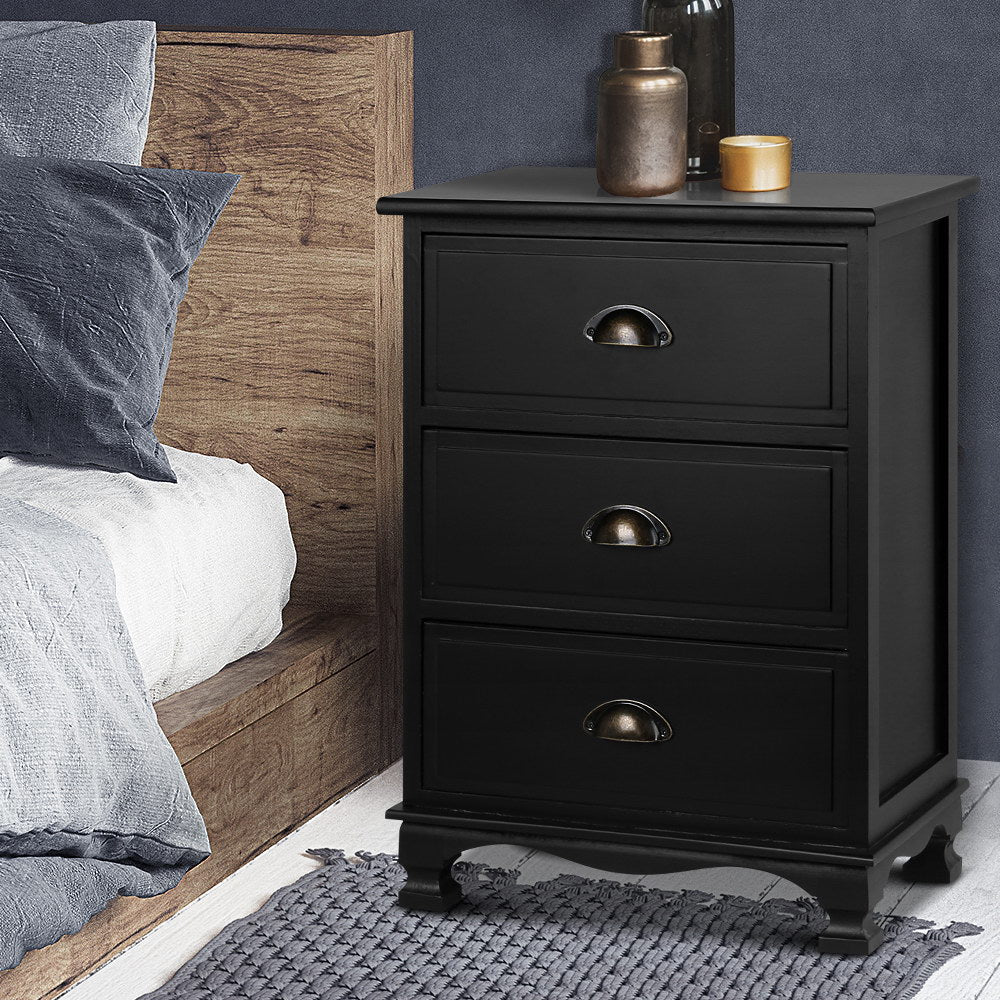 Artiss Bedside Table 3 Drawers Vintage - THYME Black - Furniture > Bedroom > Bedside Tables