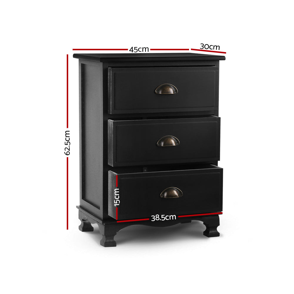 Artiss Bedside Table 3 Drawers Vintage - THYME Black - Furniture > Bedroom > Bedside Tables