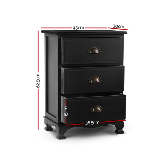 Artiss Bedside Table 3 Drawers Vintage THYME Black Furniture > Bedroom > Bedside Tables