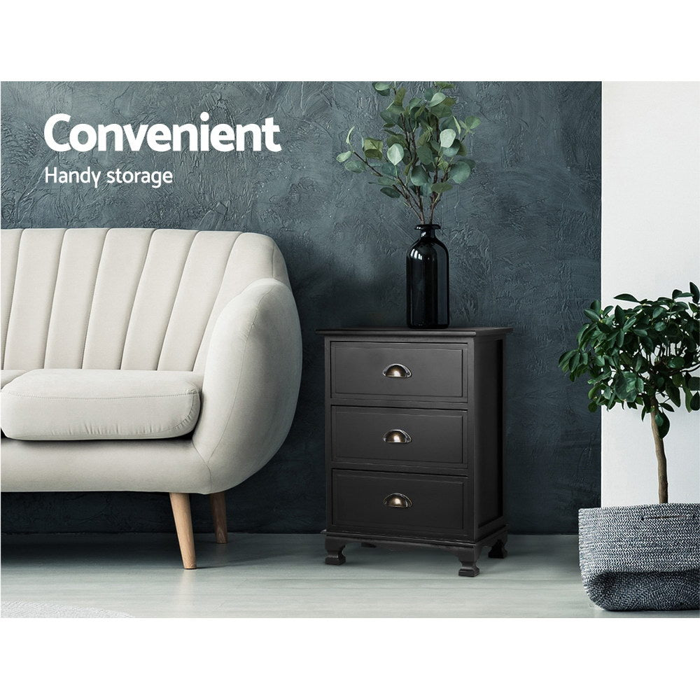 Artiss Bedside Table 3 Drawers Vintage - THYME Black - Furniture > Bedroom > Bedside Tables