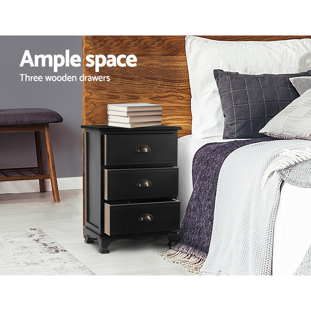 Artiss Bedside Table 3 Drawers Vintage - THYME Black - Furniture > Bedroom > Bedside Tables
