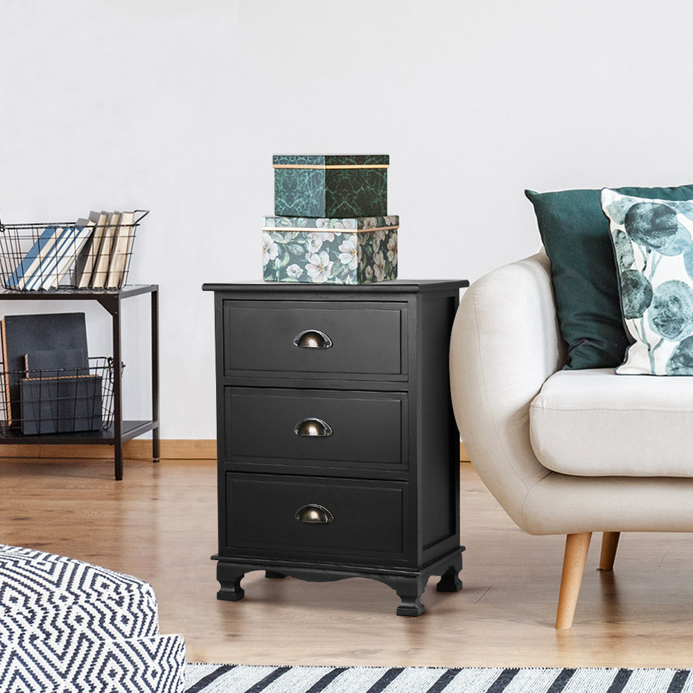 Artiss Bedside Table 3 Drawers Vintage - THYME Black - Furniture > Bedroom > Bedside Tables