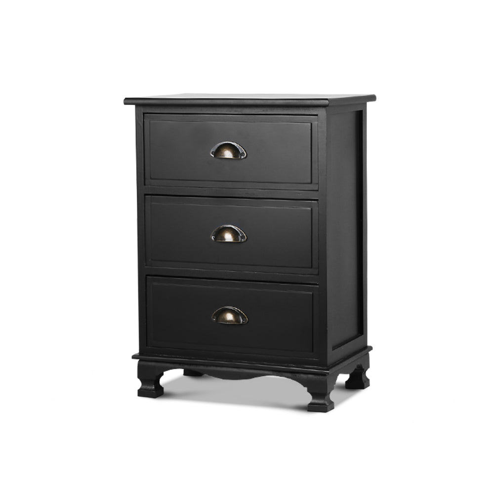 Artiss Bedside Table 3 Drawers Vintage - THYME Black - Furniture > Bedroom > Bedside Tables