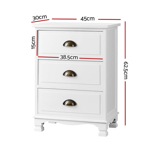 Artiss Bedside Table 3 Drawers Vintage THYME White Furniture > Bedroom