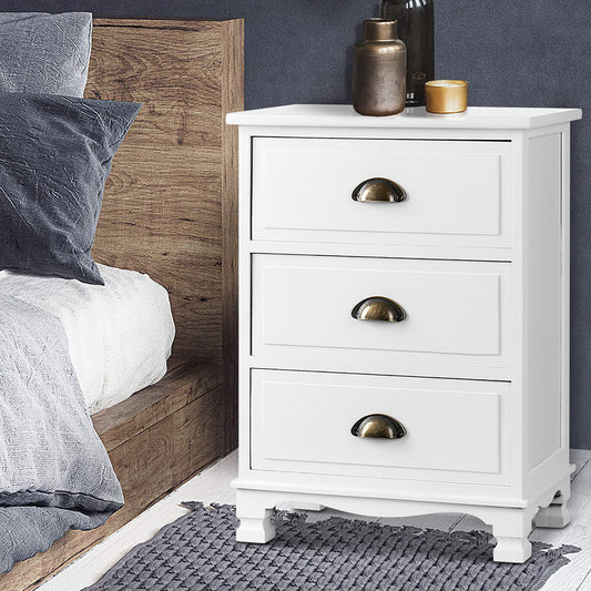 Artiss 2x Bedside Table 3 Drawers Vintage THYME White Furniture > Bedroom > Bedside Tables