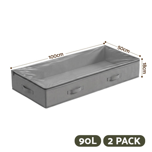 Under Bed Storage Containers X2 90L Boxes Organiser Clear Top Fabric Grey