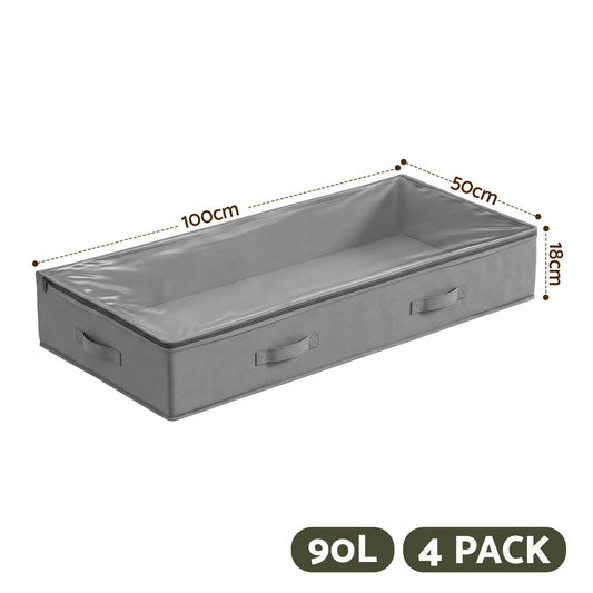 Under Bed Storage Containers X4 90L Boxes Organiser Clear Top Fabric Grey