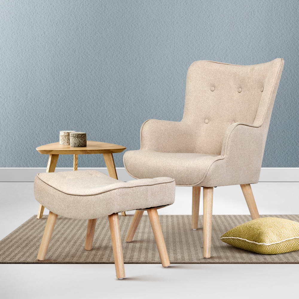 Artiss Armchair Set with Ottoman Beige Lansar - Furniture > Bar Stools & Chairs > Arm Chairs & Recliners
