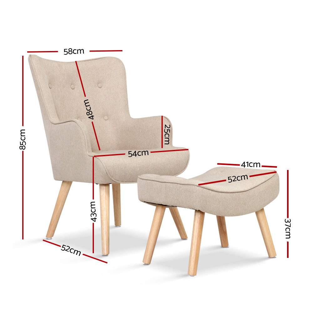 Artiss Armchair Set with Ottoman Beige Lansar - Furniture > Bar Stools & Chairs > Arm Chairs & Recliners