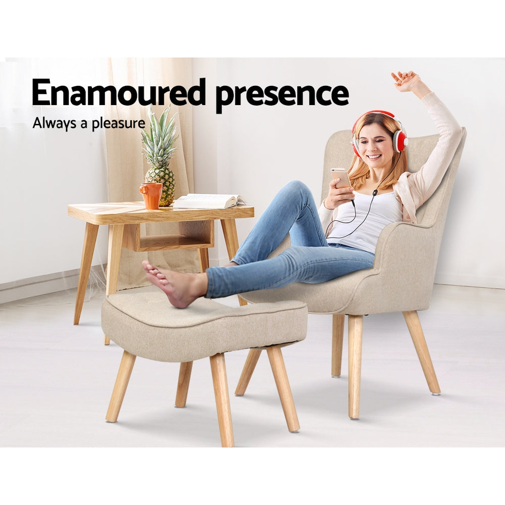 Artiss Armchair Set with Ottoman Beige Lansar - Furniture > Bar Stools & Chairs > Arm Chairs & Recliners