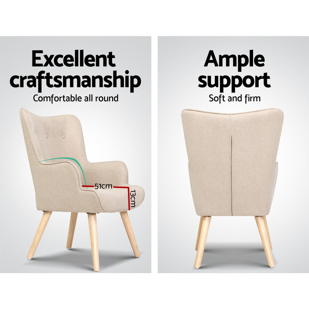 Artiss Armchair Set with Ottoman Beige Lansar - Furniture > Bar Stools & Chairs > Arm Chairs & Recliners