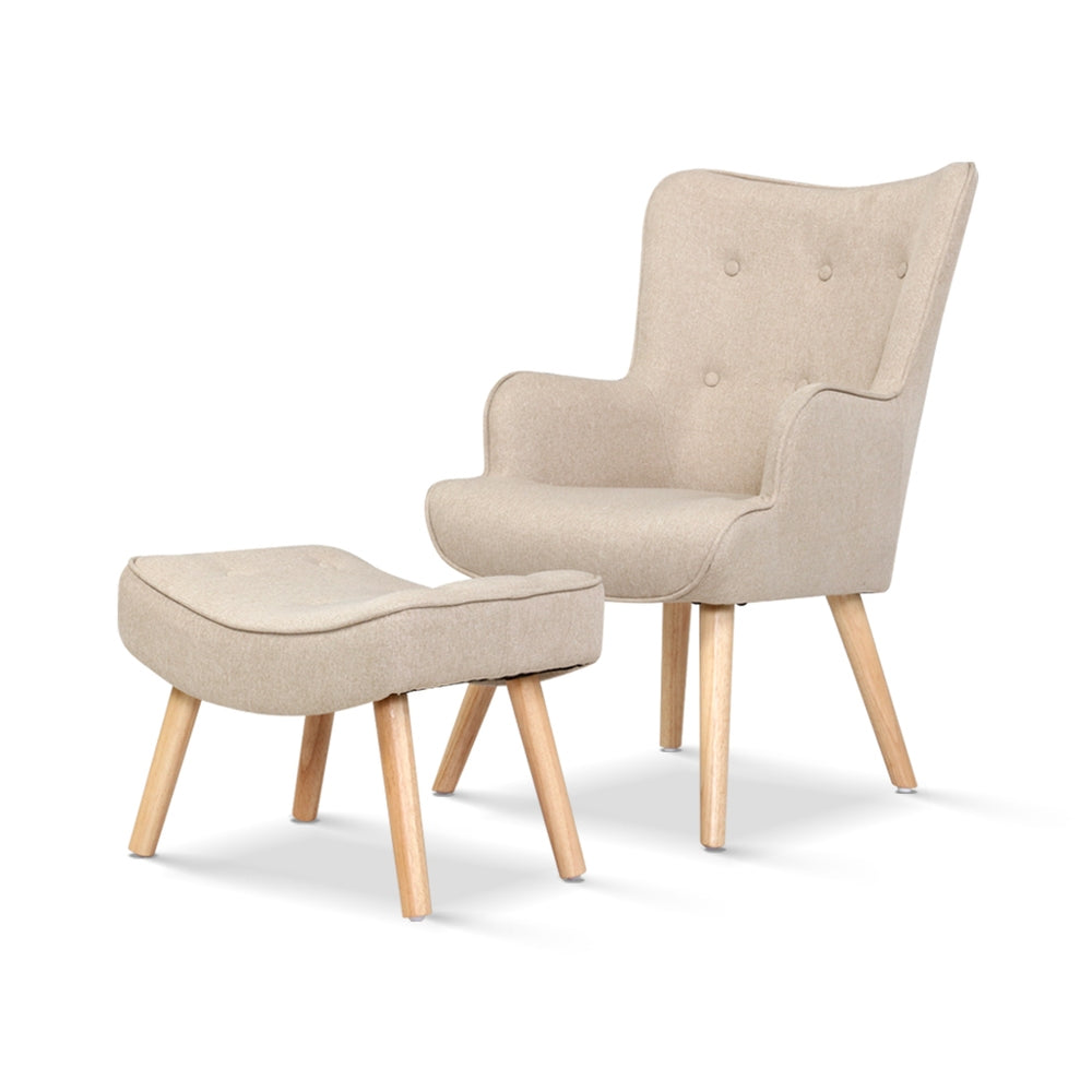Artiss Armchair Set with Ottoman Beige Lansar - Furniture > Bar Stools & Chairs > Arm Chairs & Recliners
