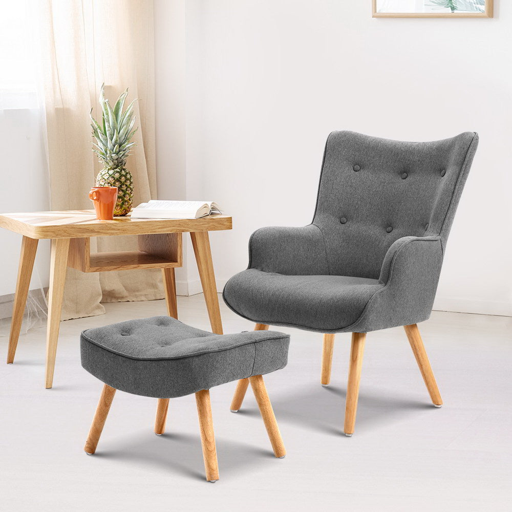 Artiss Armchair Set with Ottoman Grey Lansar - Furniture > Bar Stools & Chairs > Arm Chairs & Recliners