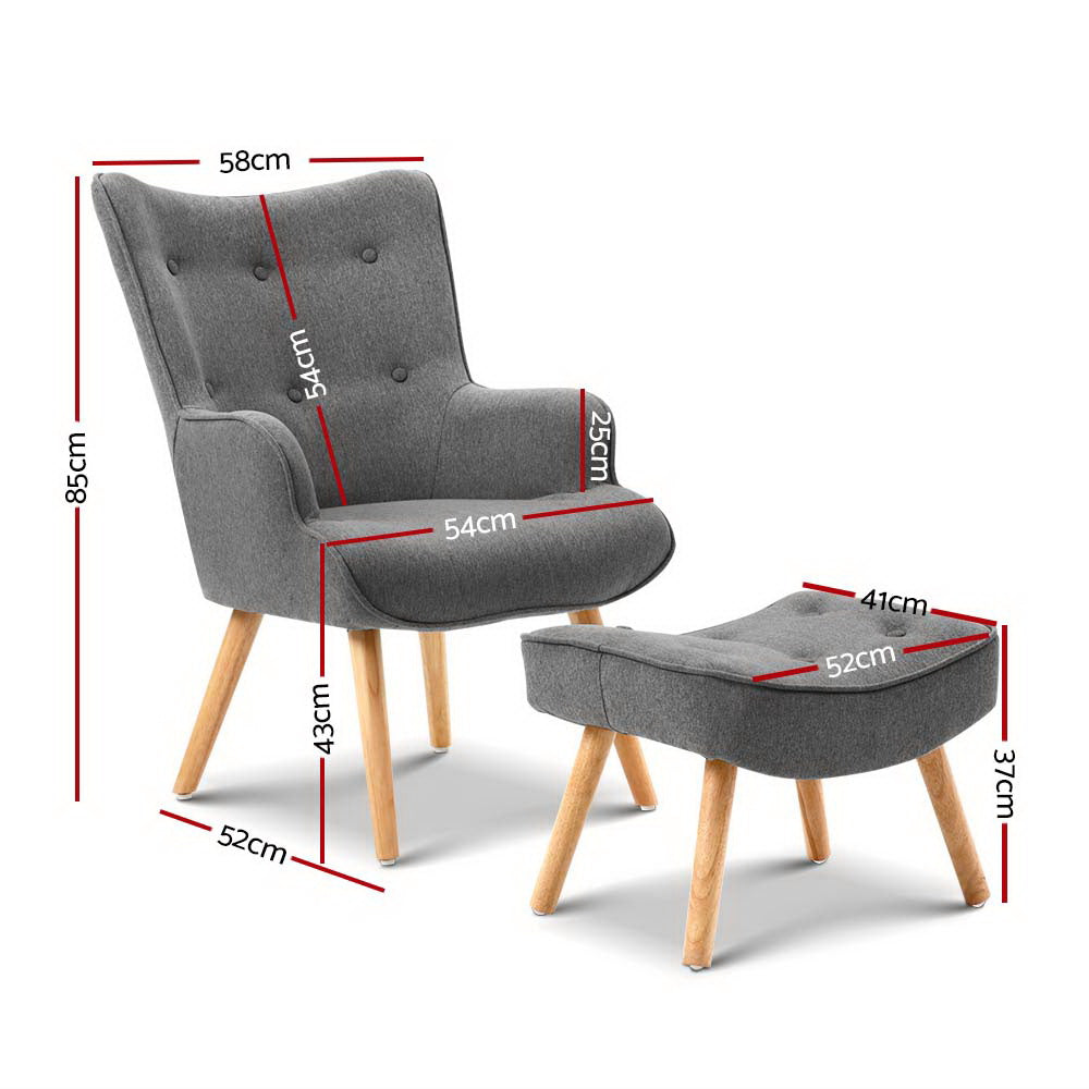 Artiss Armchair Set with Ottoman Grey Lansar - Furniture > Bar Stools & Chairs > Arm Chairs & Recliners
