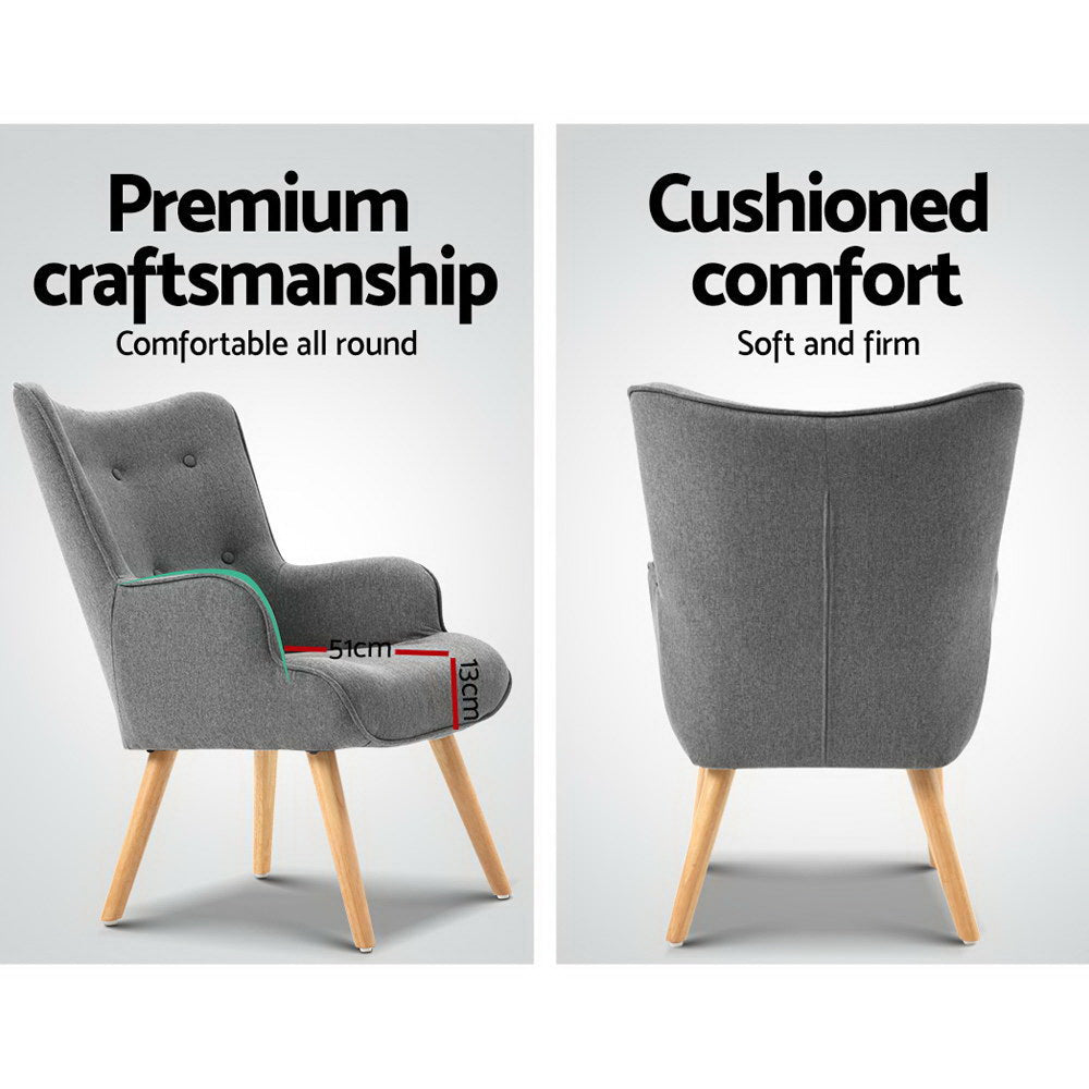 Artiss Armchair Set with Ottoman Grey Lansar - Furniture > Bar Stools & Chairs > Arm Chairs & Recliners