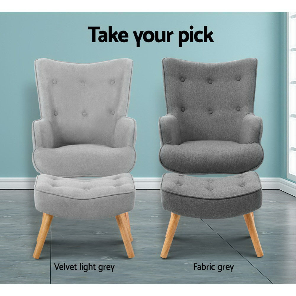 Artiss Armchair Set with Ottoman Grey Lansar - Furniture > Bar Stools & Chairs > Arm Chairs & Recliners