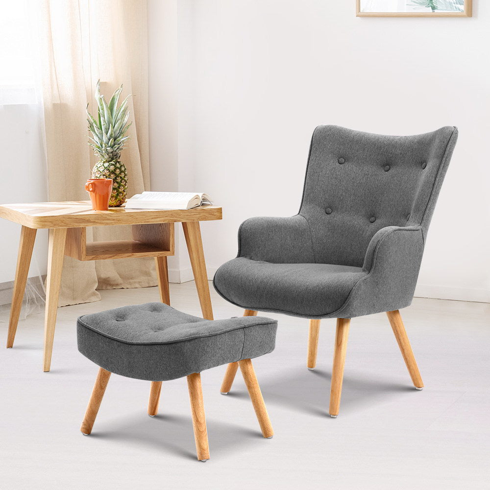 Artiss Armchair Set with Ottoman Grey Lansar - Furniture > Bar Stools & Chairs > Arm Chairs & Recliners