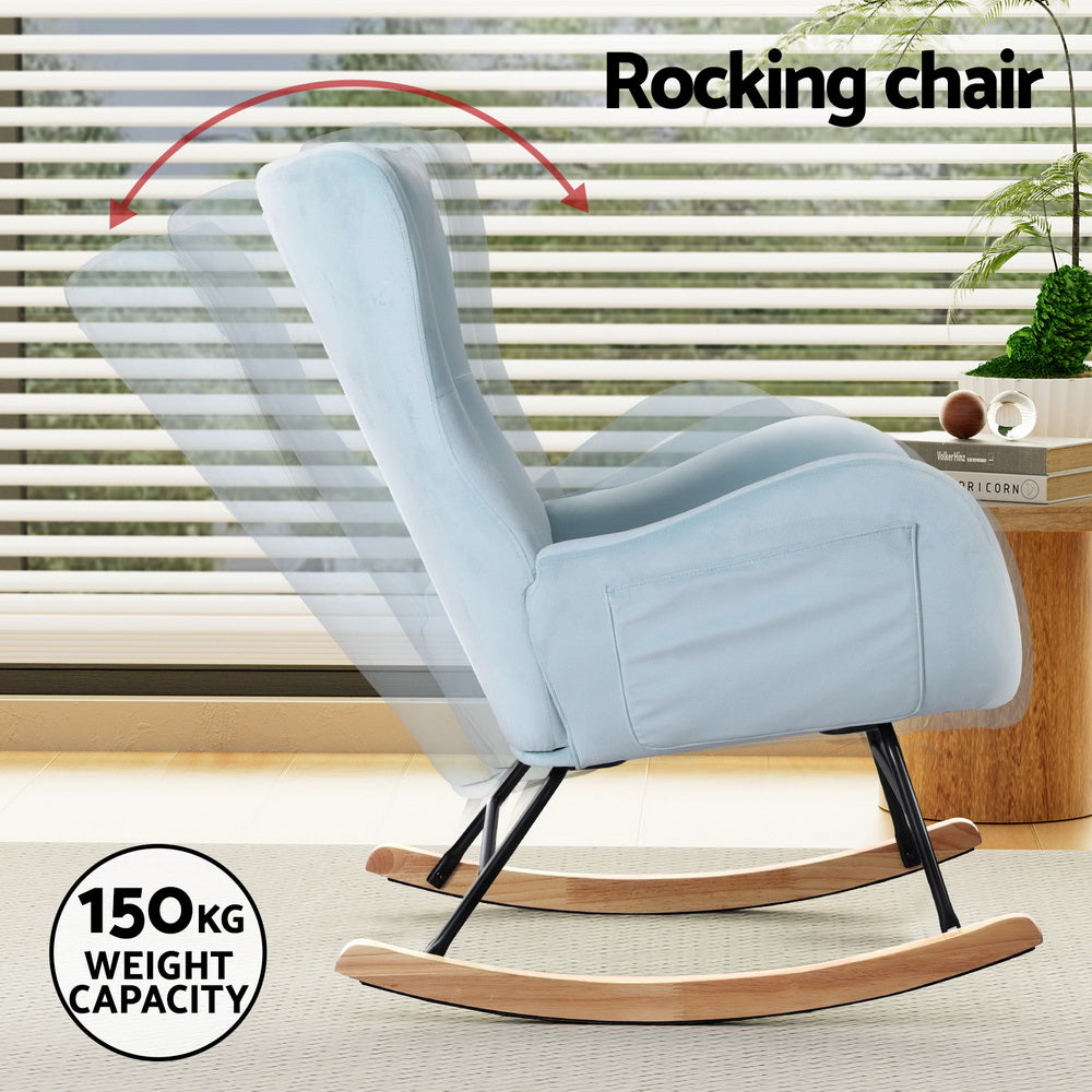 Artiss Rocking Chair Armchair Pillow Velvet Blue Furniture > Bar Stools & Chairs > Arm Chairs & Recliners