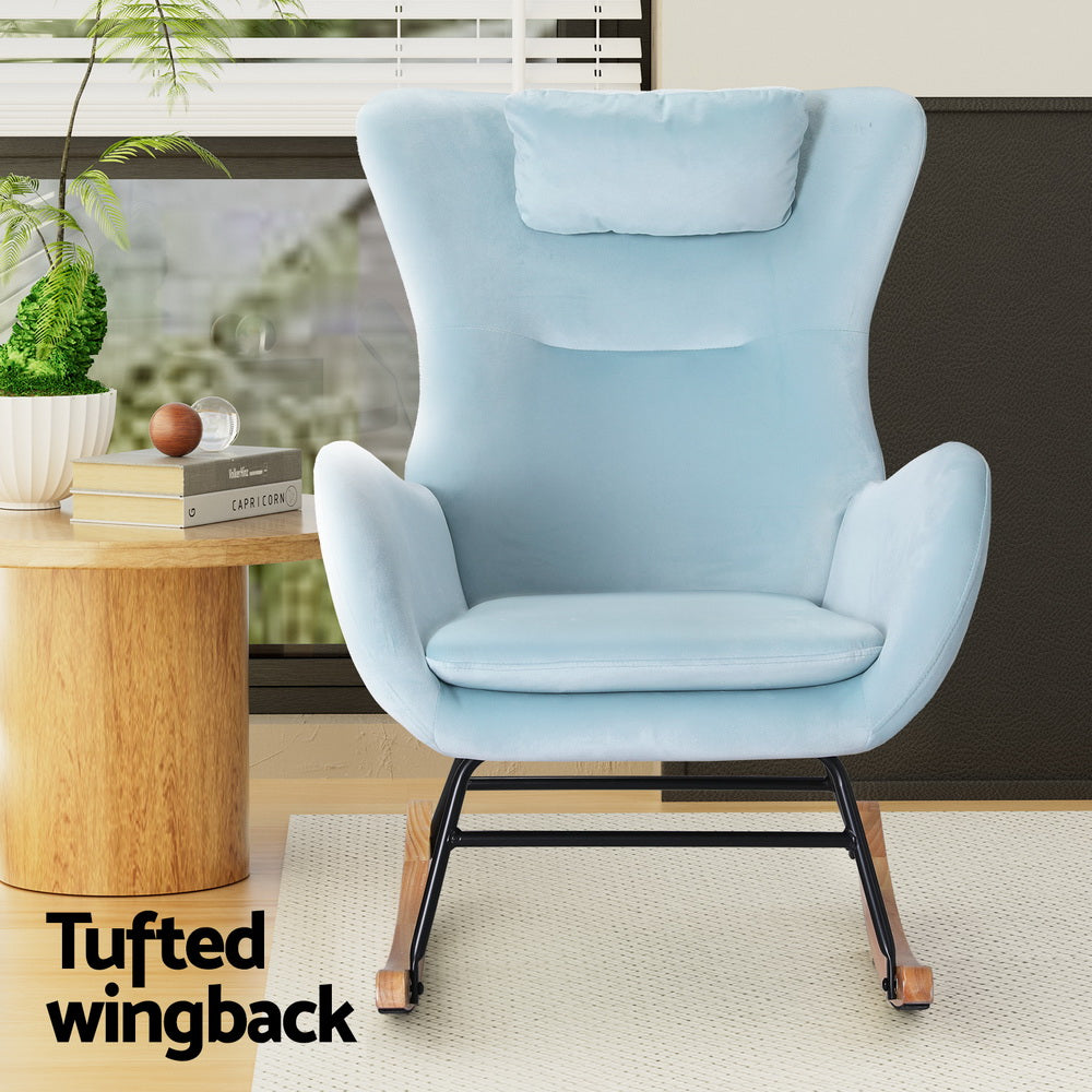 Artiss Rocking Chair Armchair Pillow Velvet Blue Furniture > Bar Stools & Chairs > Arm Chairs & Recliners