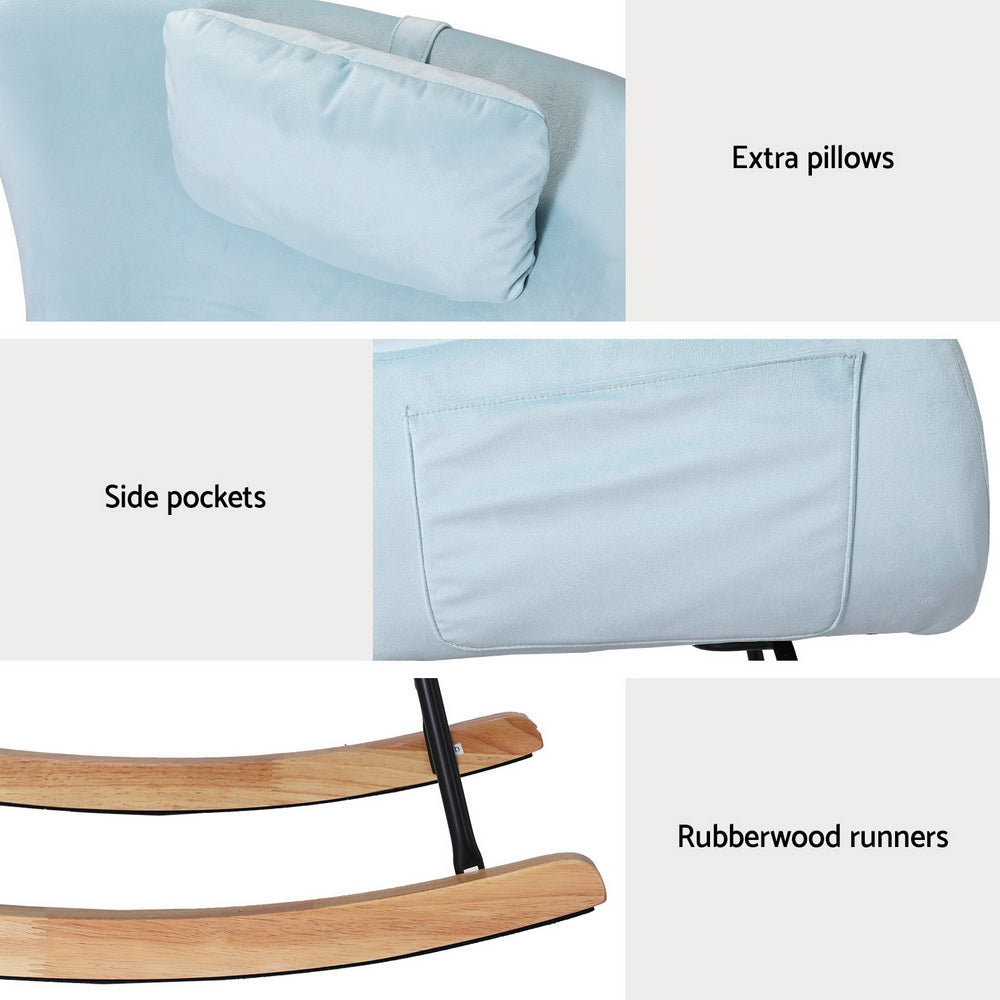Artiss Rocking Chair Armchair Pillow Velvet Blue Furniture > Bar Stools & Chairs > Arm Chairs & Recliners