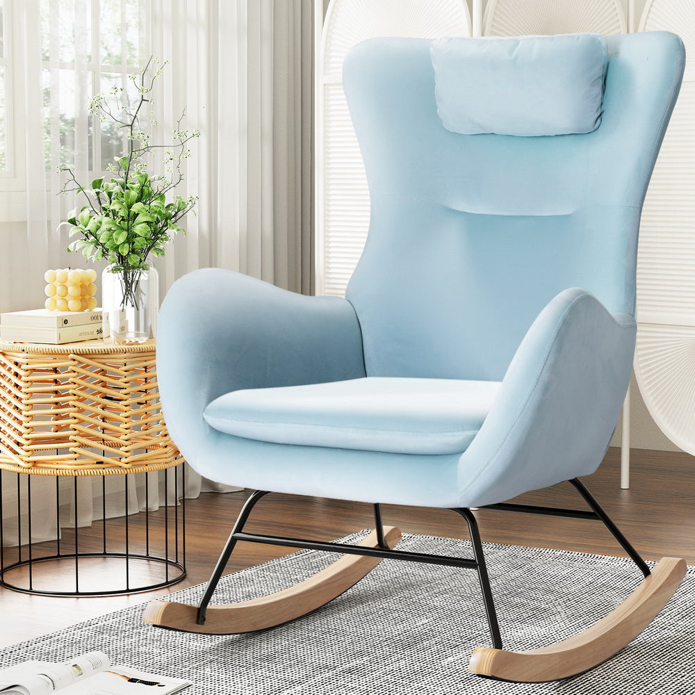 Artiss Rocking Chair Armchair Pillow Velvet Blue Furniture > Bar Stools & Chairs > Arm Chairs & Recliners