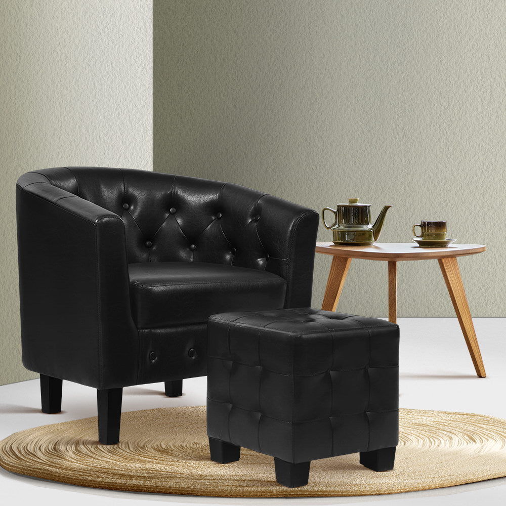 Artiss Armchair Set with Ottoman Black Ava - Furniture > Bar Stools & Chairs > Arm Chairs & Recliners