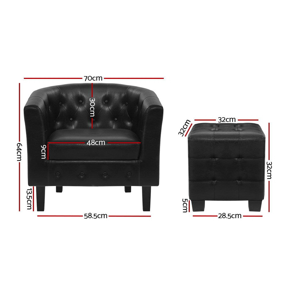 Artiss Armchair Set with Ottoman Black Ava - Furniture > Bar Stools & Chairs > Arm Chairs & Recliners