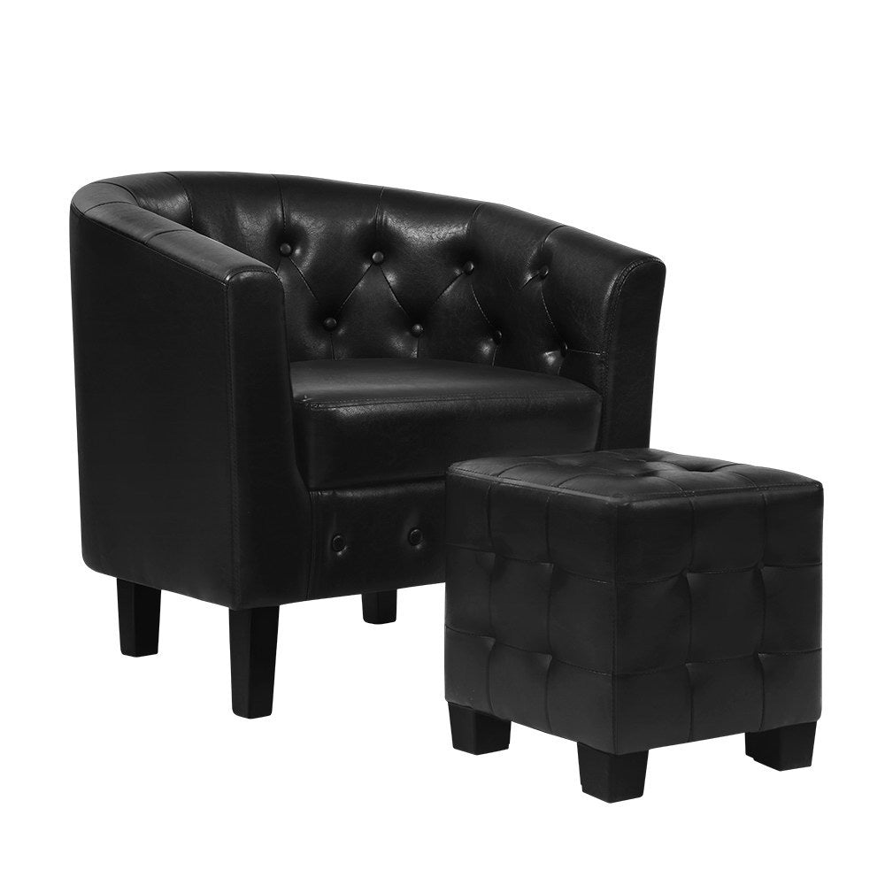 Artiss Armchair Set with Ottoman Black Ava - Furniture > Bar Stools & Chairs > Arm Chairs & Recliners