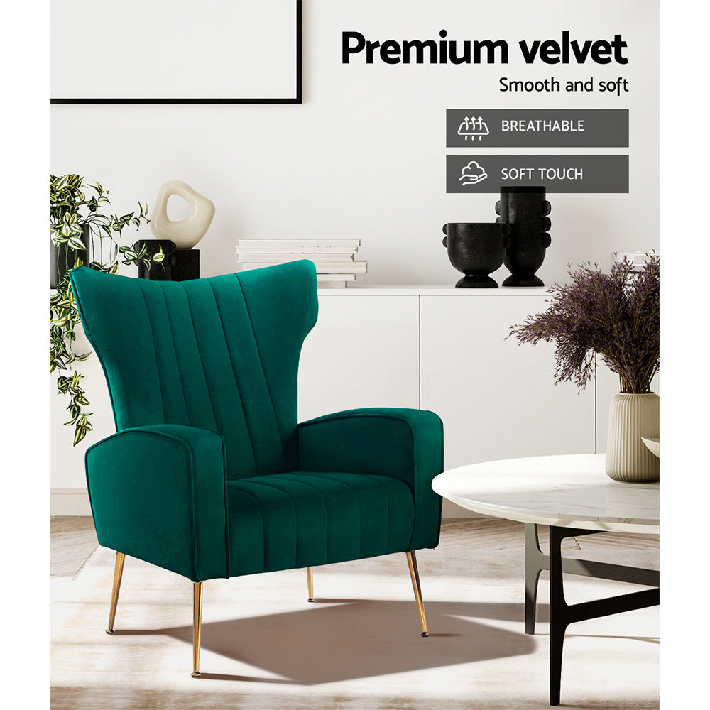 Artiss Armchair Green Velvet Kate - Furniture > Bar Stools & Chairs > Arm Chairs & Recliners