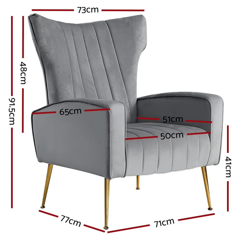 Artiss Armchair Grey Velvet Kate - Furniture > Bar Stools & Chairs > Arm Chairs & Recliners