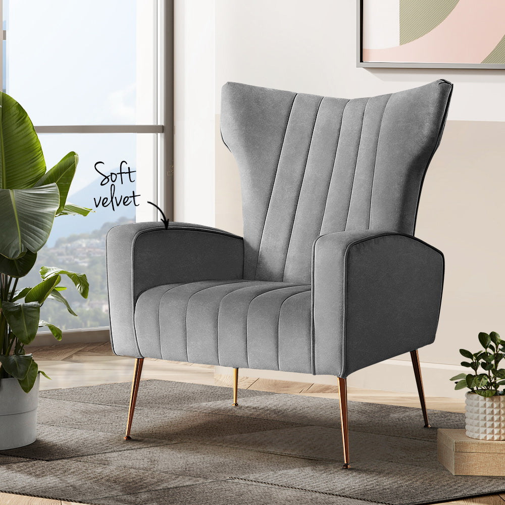 Artiss Armchair Grey Velvet Kate - Furniture > Bar Stools & Chairs > Arm Chairs & Recliners