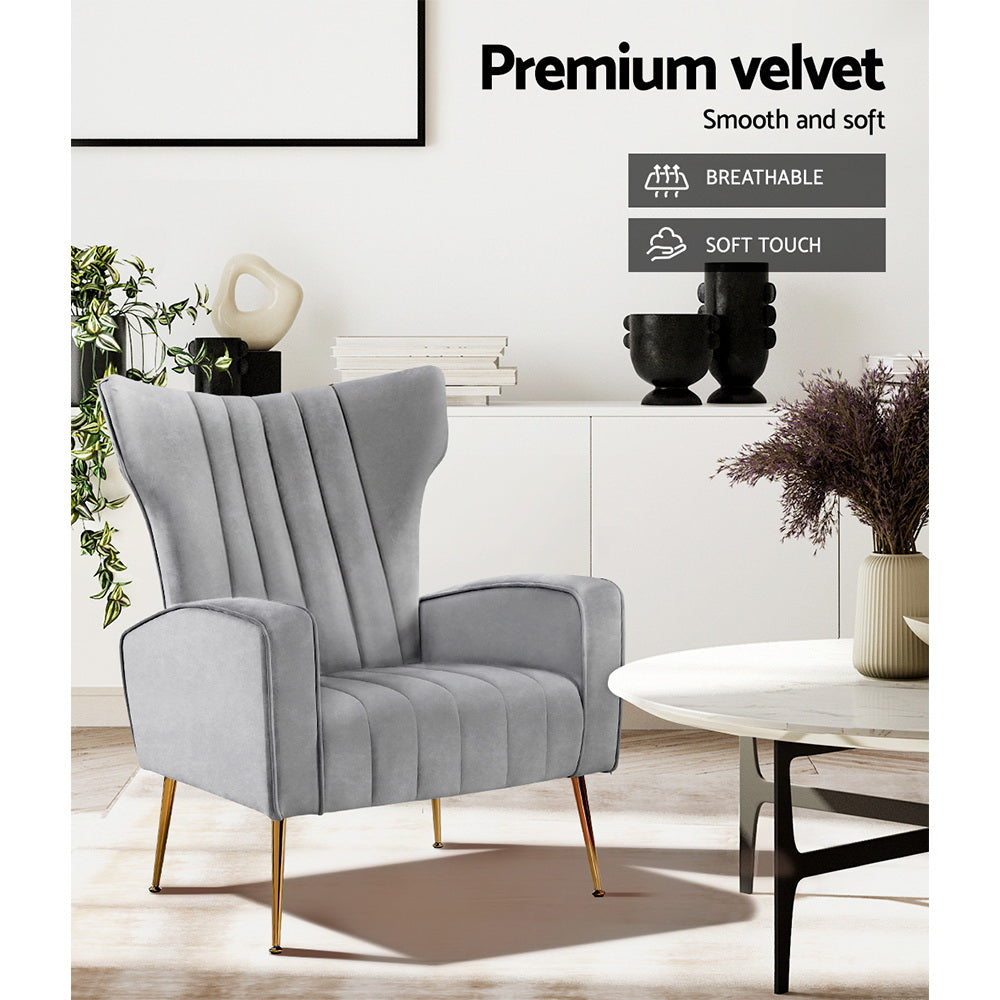 Artiss Armchair Grey Velvet Kate - Furniture > Bar Stools & Chairs > Arm Chairs & Recliners