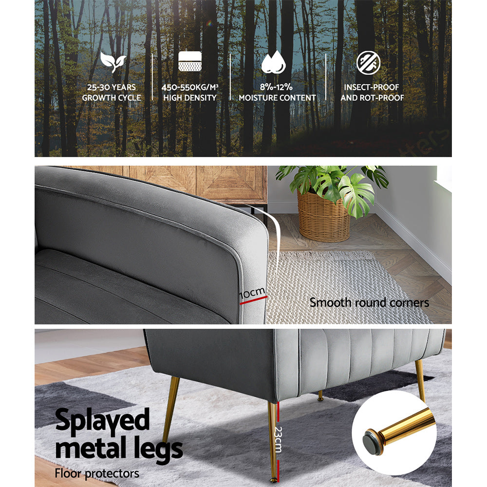 Artiss Armchair Grey Velvet Kate - Furniture > Bar Stools & Chairs > Arm Chairs & Recliners
