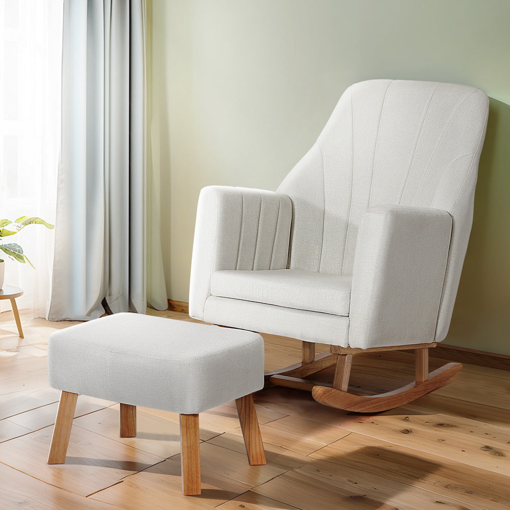 Artiss Rocking Chair Armchair Linen Fabric Beige Jonah Furniture > Bar Stools & Chairs > Arm Chairs & Recliners