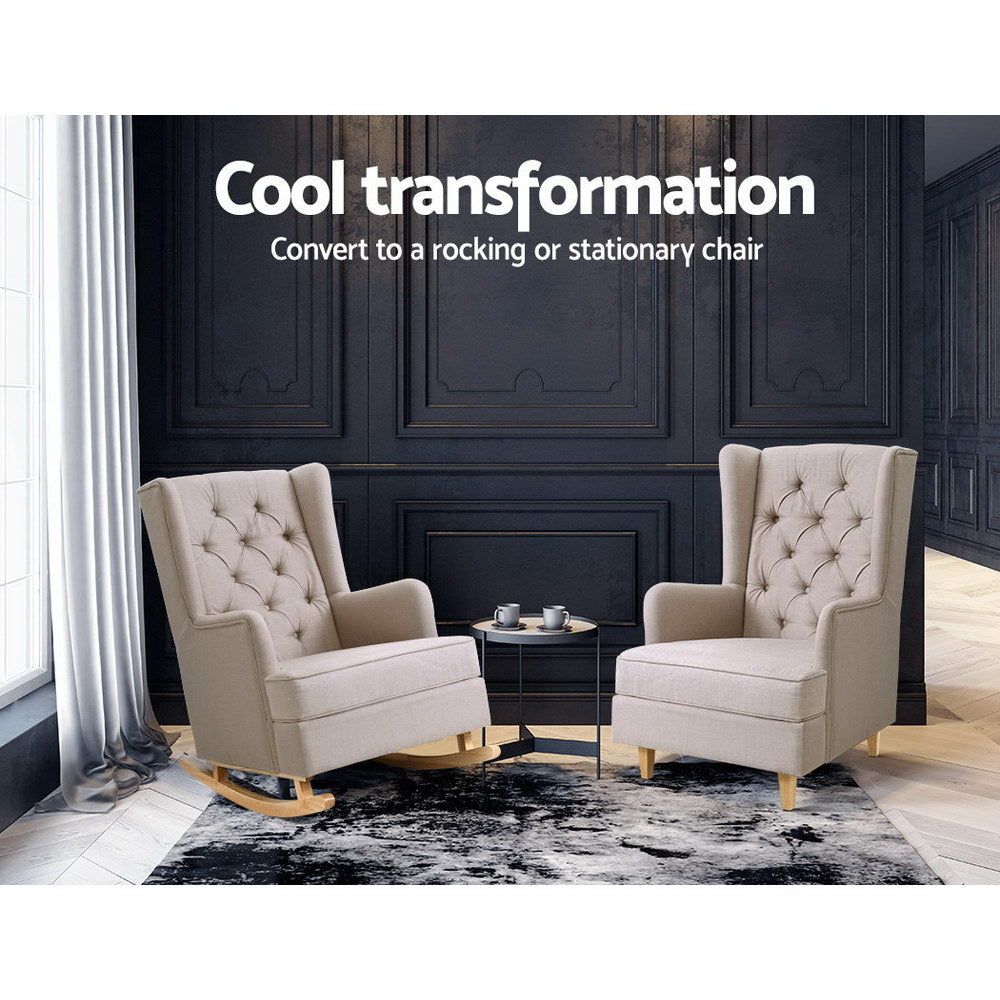 Artiss Rocking Chair Armchair Linen Fabric Beige Gaia - Furniture > Bar Stools & Chairs > Arm Chairs & Recliners