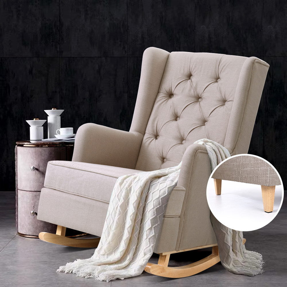 Artiss Rocking Chair Armchair Linen Fabric Beige Gaia - Furniture > Bar Stools & Chairs > Arm Chairs & Recliners
