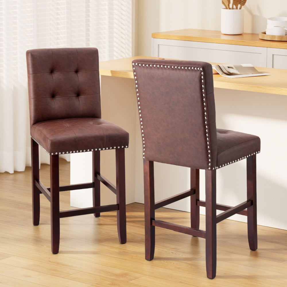 2x Bar Stools Kitchen Dining Chairs Counter PU Leather Wooden Ada Brown